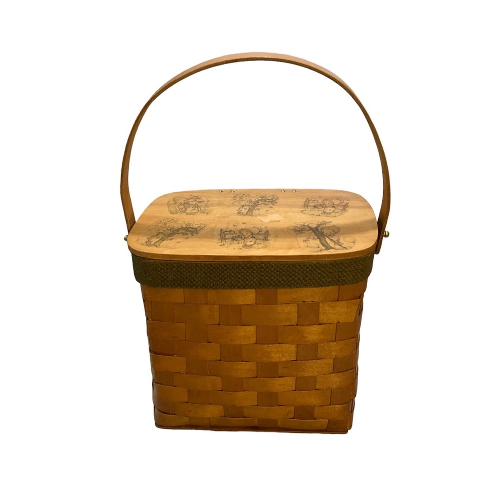 Wooden Basket Purse Bag Hand Crafted Decoupaged Precious Moment Cut Outs on Lid